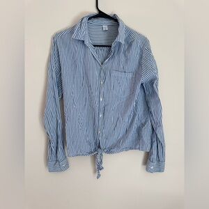 Old Navy Light Blue and White Striped Tie-Hem Button-Down Shirt